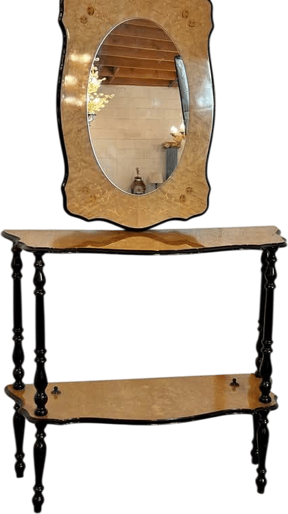 Vintage Marquetry Inlay Console Table and Mirror Set