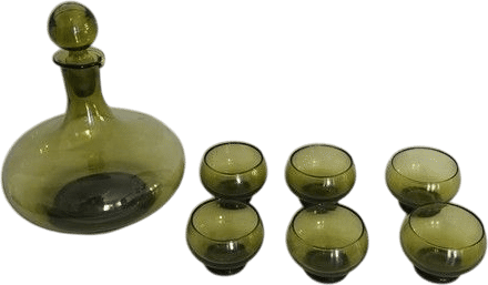 Vintage MCM 1960's Green Decanter W/ 6 Matching Green Small Glasses Complete