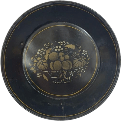 Vintage Toleware Large Round Tin Bowl Black Gold Fruit Basket