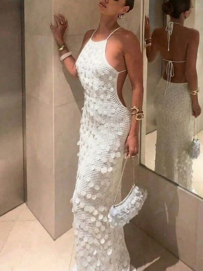 White Sequin Halter Neck Vacation Dress