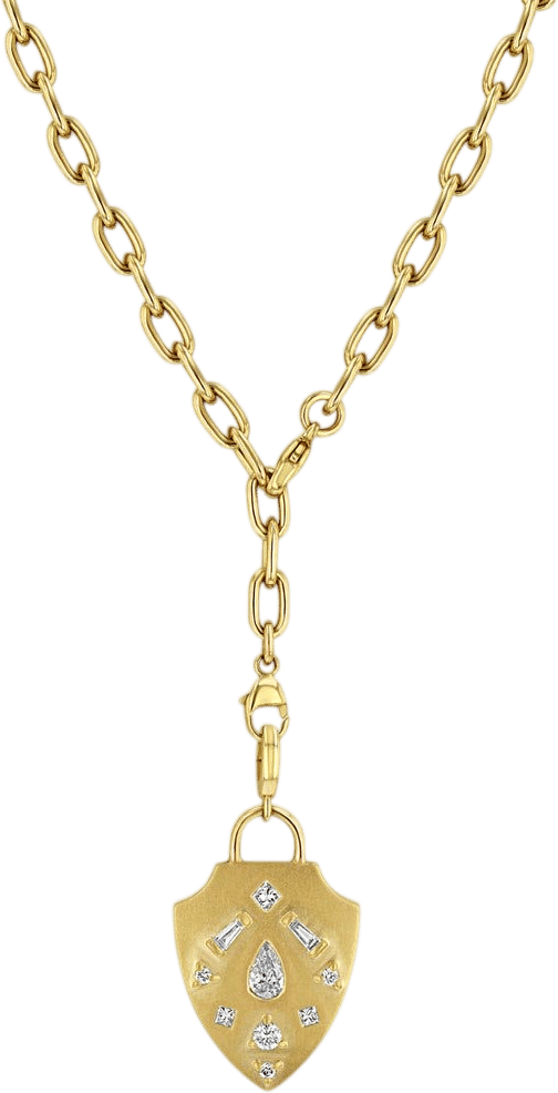 14k Diamond Mosaic Brushed Gold Shield Necklace