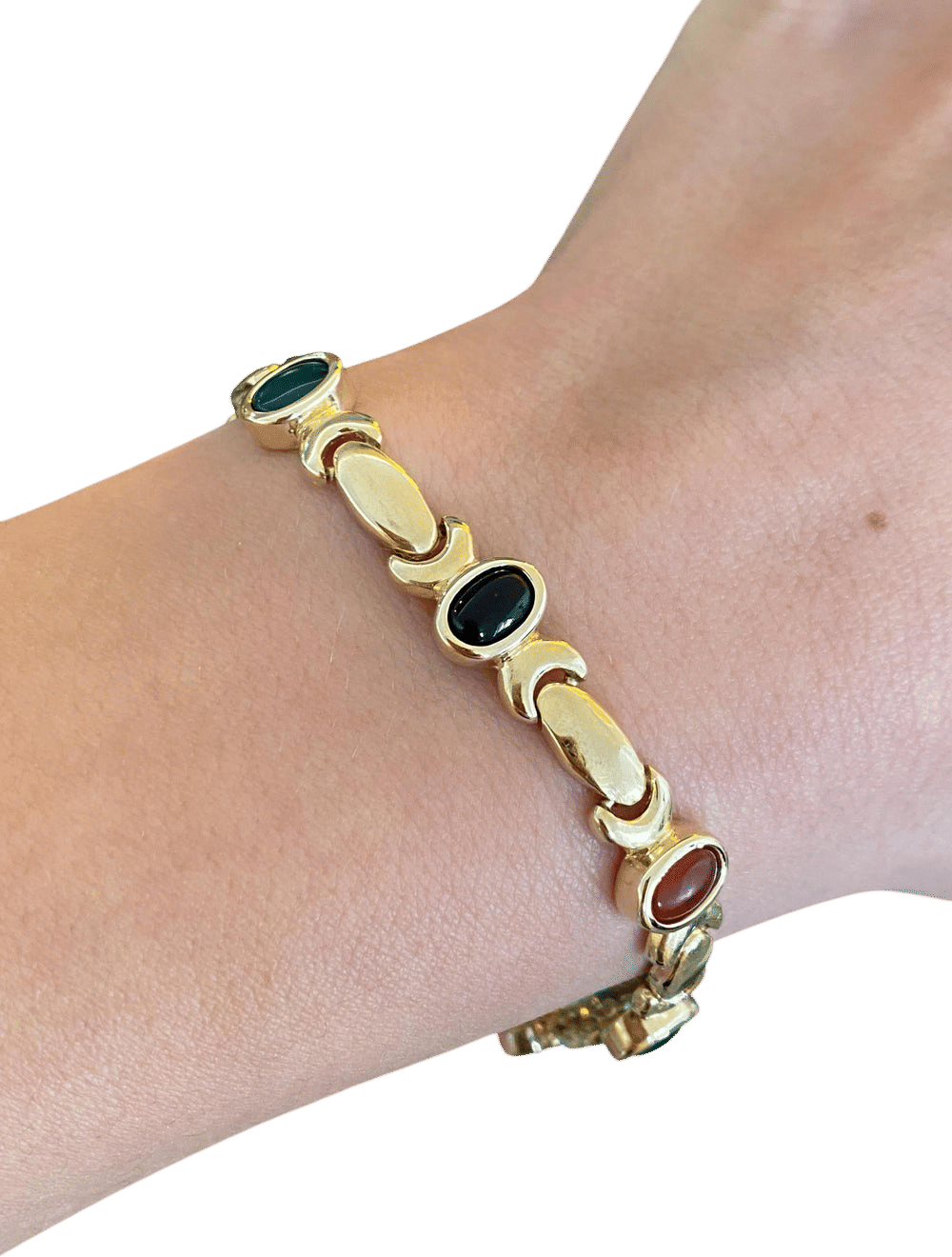 Solid 14k Yellow Gold Carnelian Green Chalcedony Onyx Link Bracelet