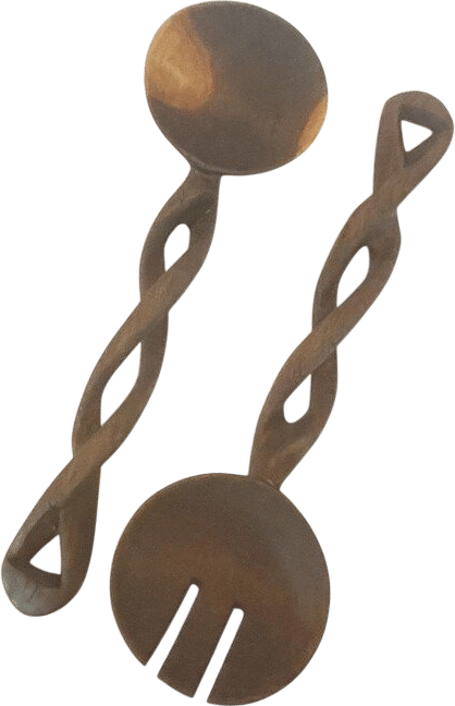 Hand Carved Wood Salad Servers with Double Twist Spiral Handle