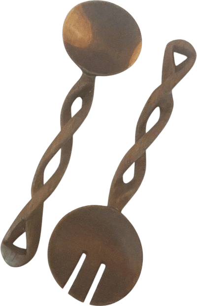 Hand Carved Wood Salad Servers with Double Twist Spiral Handle