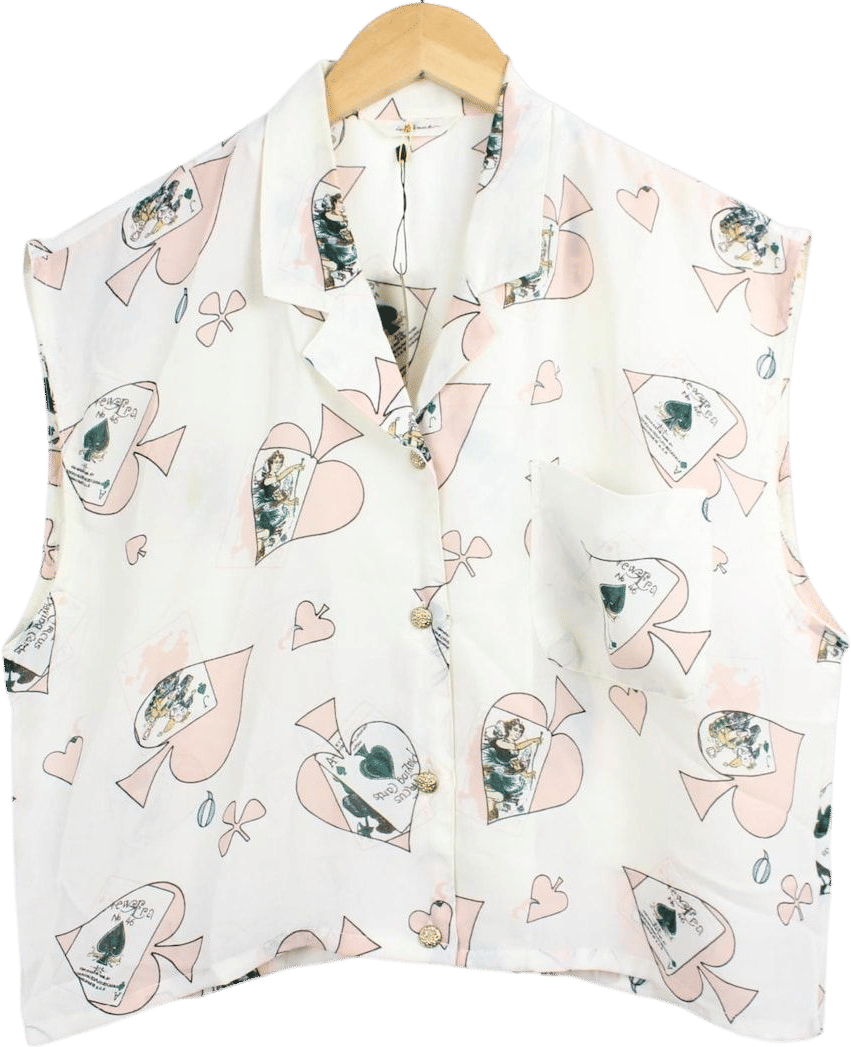 Sheer Off White Vintage Cropped Button Up Blouse: Reworked Sleeveless Shirt Playing Card Print