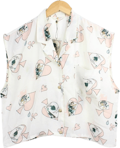 Sheer Off White Vintage Cropped Button Up Blouse with Playing Card Print