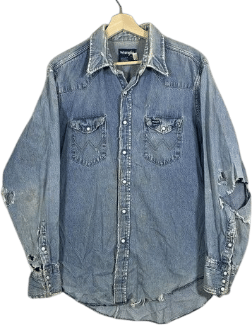 Vtg 90s Wrangler Denim Pearl Snap Shirt Mens XL Made in USA THRASHED DISTRESSED