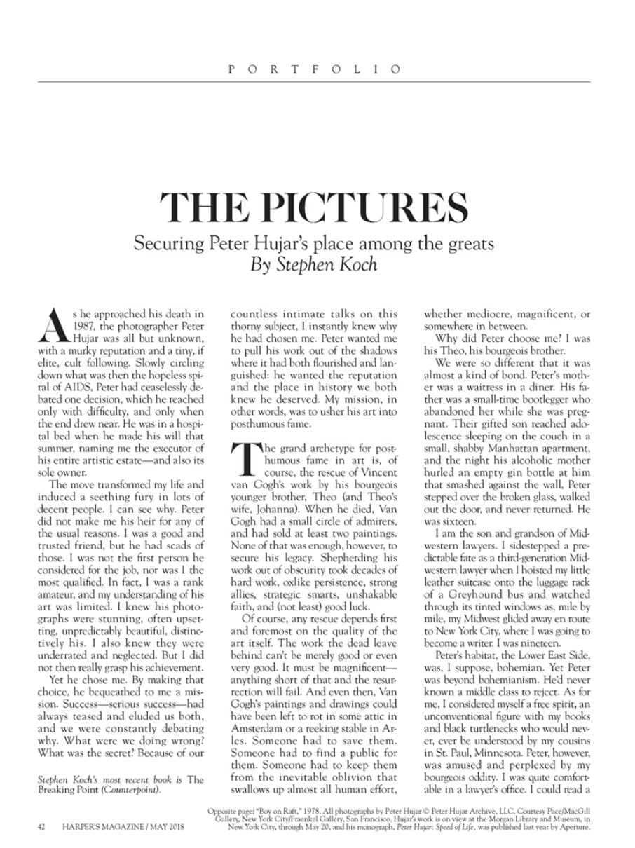 "The Pictures: Securing Peter Hujar's place among the greats," by Stephen Koch, Harpers, May 2018
