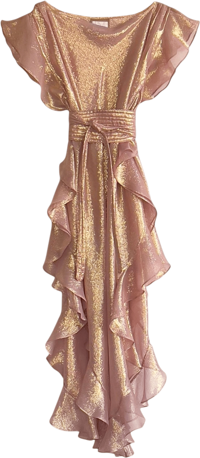 Electric Feathers Ruffle Kaftan in Gold Grapefruit Silk Chiffon Lame'