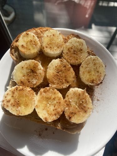 Peanut Butter Toast with Banana, Honey, Cinnamon and Flaky Salt