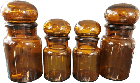 Apothecary Jars w/Bubble Tops Belgium Set of 4 Amber/Brown MCM  2 Sizes EUC