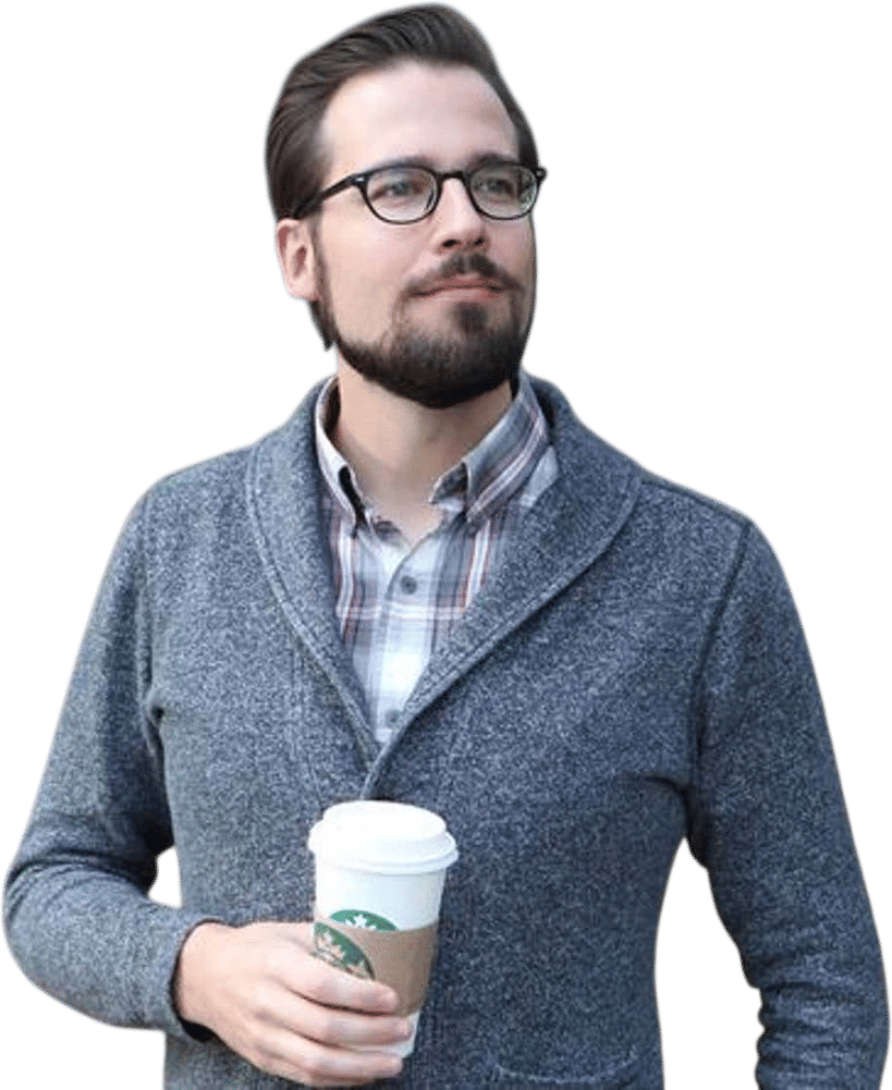 Mr. Autumn Man Walking Down Street With Cup Of Coffee