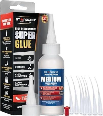 Starbond Medium Super Glue Pro Kit (2 oz) – Strong, Fast-Bonding CA Glue (Cyanoacrylate Adhesive) – with Clog-Resistant Cap, Microtips & Extra Nozzle for Quick Fixes, Woodworking, Hobby Models