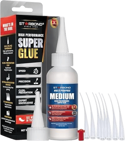 Starbond Medium Super Glue Pro Kit (2 oz) – Strong, Fast-Bonding CA Glue (Cyanoacrylate Adhesive) – with Clog-Resistant Cap, Microtips & Extra Nozzle for Quick Fixes, Woodworking, Hobby Models