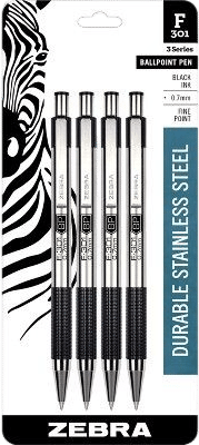Zebra 4ct Ballpoint Pens 0.7mm F-301 Stainless Steel Black