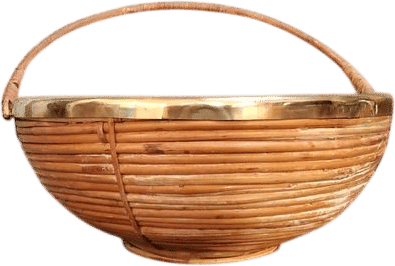 1970s Italian Rattan and Brass Large Basket in the style of Gabriella Crespi