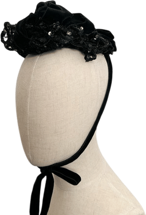 Antique 1800s Victorian Black Velvet Bonnet Hat with Sequins and Ribbon Details