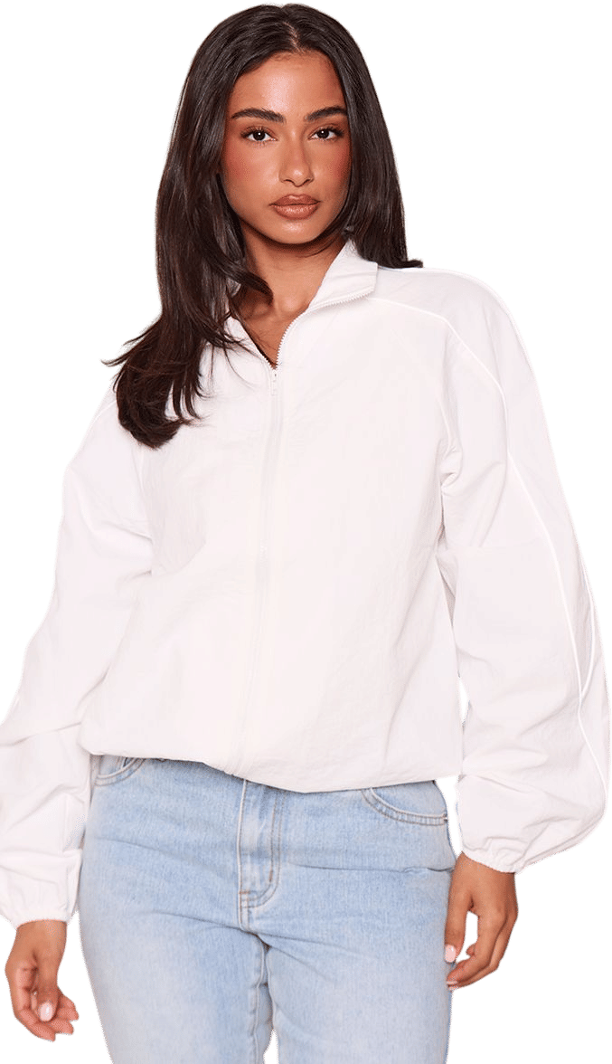 Cream Funnel Neck Drawstring Hem Windbreaker Jacket