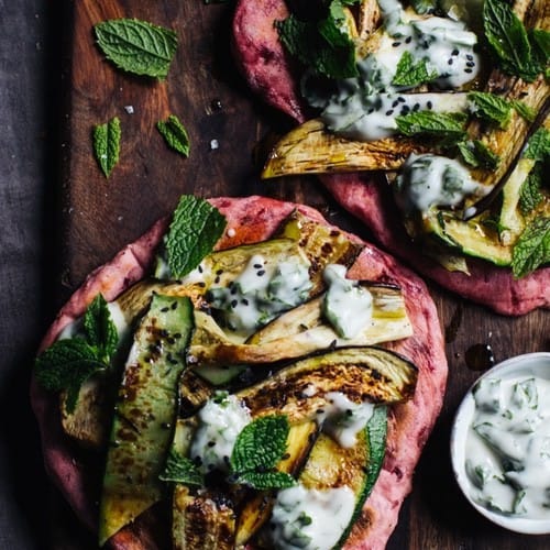 Beetroot Flatbread with Griddle Aubergine and Courgette