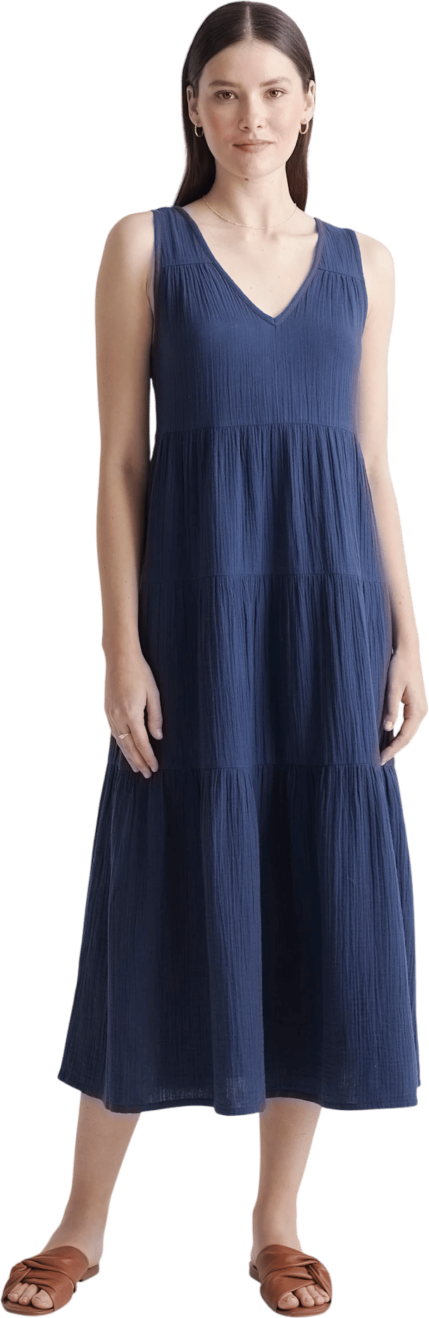 Quince 100% Organic Cotton Gauze Tiered Maxi Dress in Indigo Blue