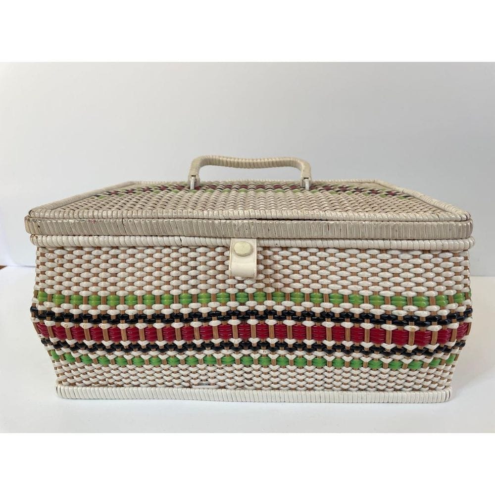 Vintage MCM Woven Wicker Sewing Basket Box Striped Red Green Cream Tray Handle - Etsy