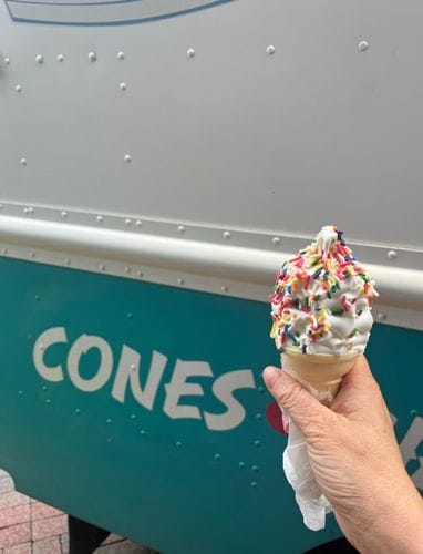 vanilla soft serve with rainbow sprinkles in a cone