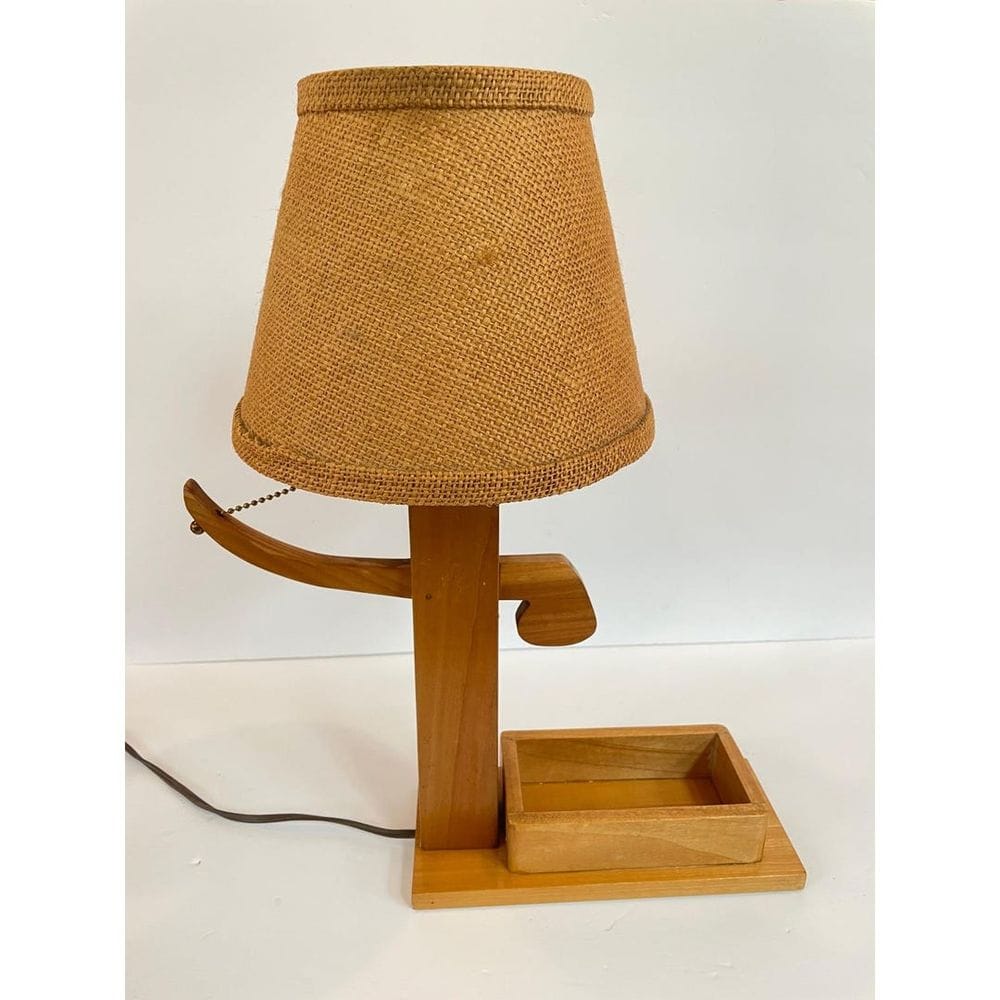 Vintage Wood Table Lamp With Lever and Tray, Folk Art Burlap Shade - Etsy
