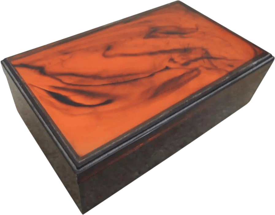 1960s Vintage Jewelry Box with Marbled Lid Hinged Compartment + 2 Mirrors