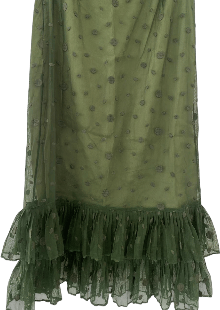 Vintage BCBG Green Polka Dot Ruffle Midi Skirt