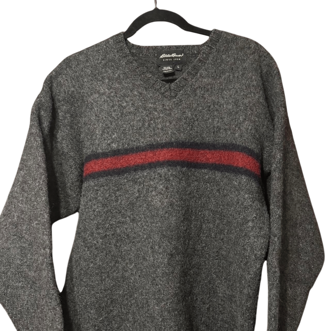 Eddie Bauer Men's Grey V-Neck Striped Sweater