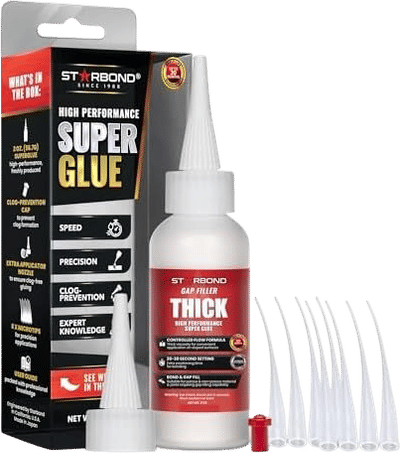 Starbond Thick Super Glue Pro Kit (2 oz) – Gap-Filling CA Glue (Cyanoacrylate Adhesive) – with Clog-Resistant Cap, Microtips & Extra Nozzle for Woodworking, Crafts, Carpentry, Archery Fletching