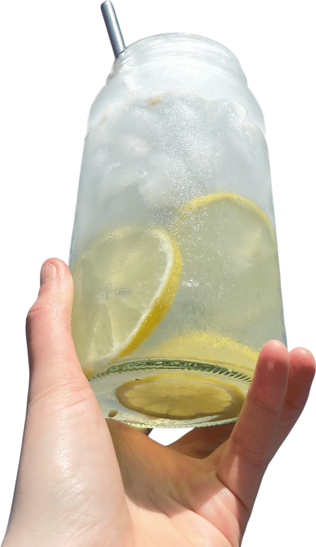 A jar filled ice water & lemon