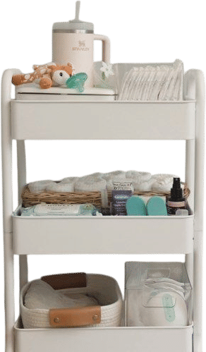 A rolling nursing cart and pillows