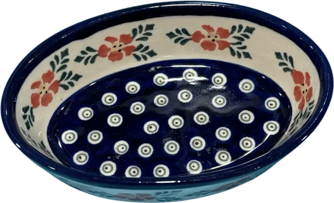 Polish Pottery Blue and Red Floral Soap Dish