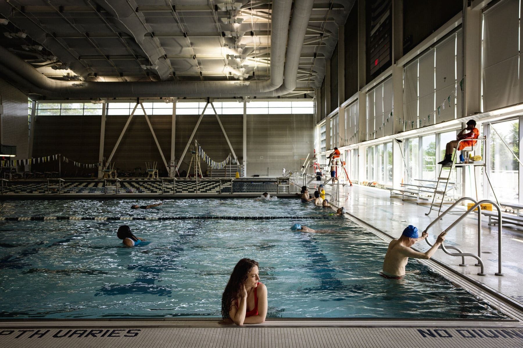 Community pool with a snack stand