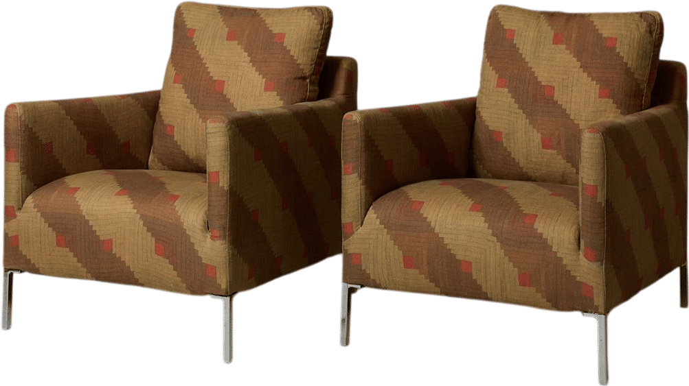 PAIR OF VINTAGE B&B ITALIA ARMCHAIRS WITH CHROME LEGS IN PIERCE & WARD QUILT LINEN