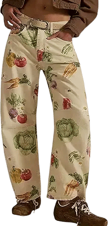 Women's Boyfriend Baggy Barrel Jeans with Floral Vegetable Print