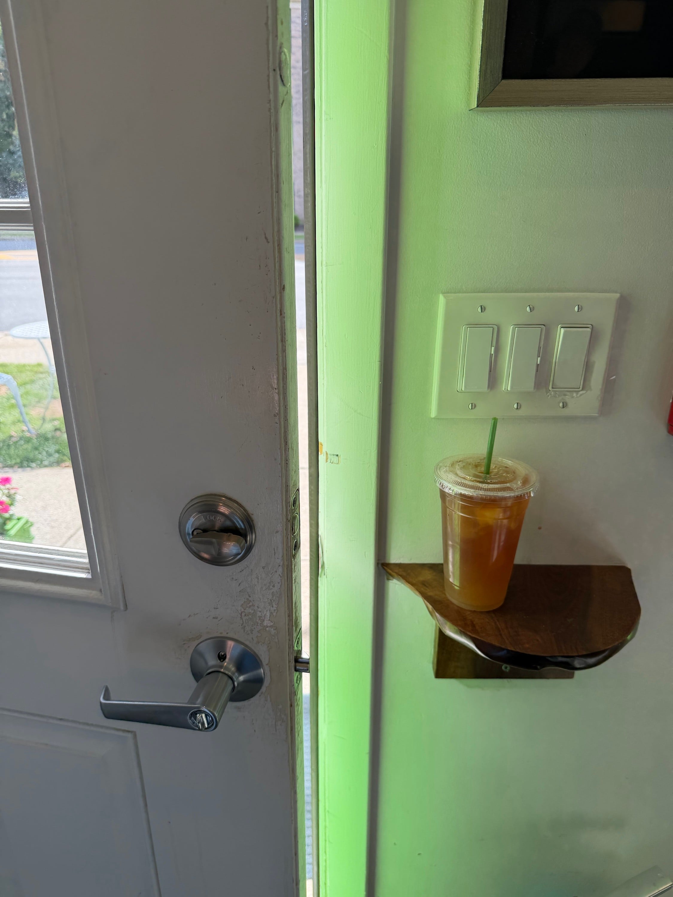 A drink shelf near the door
