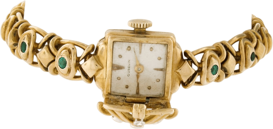 Vintage Gübelin 18k Yellow Gold Diamond Emerald Link Bracelet Watch