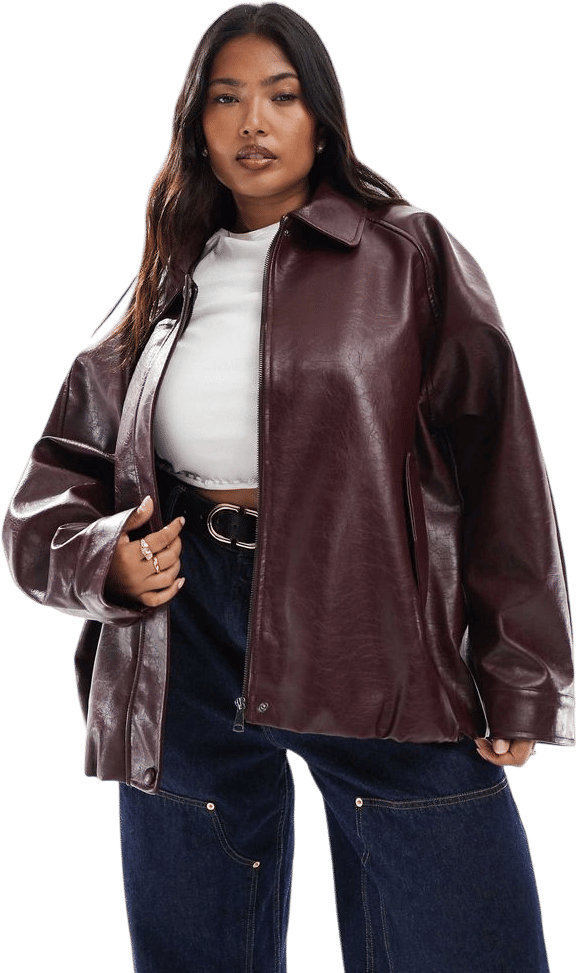 ASOS DESIGN Curve leather look oversized bomber jacket in burgundy
