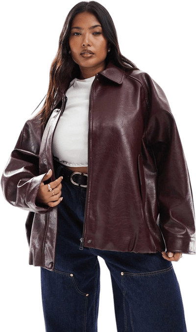 Curve Leather Look Oversized Bomber Jacket