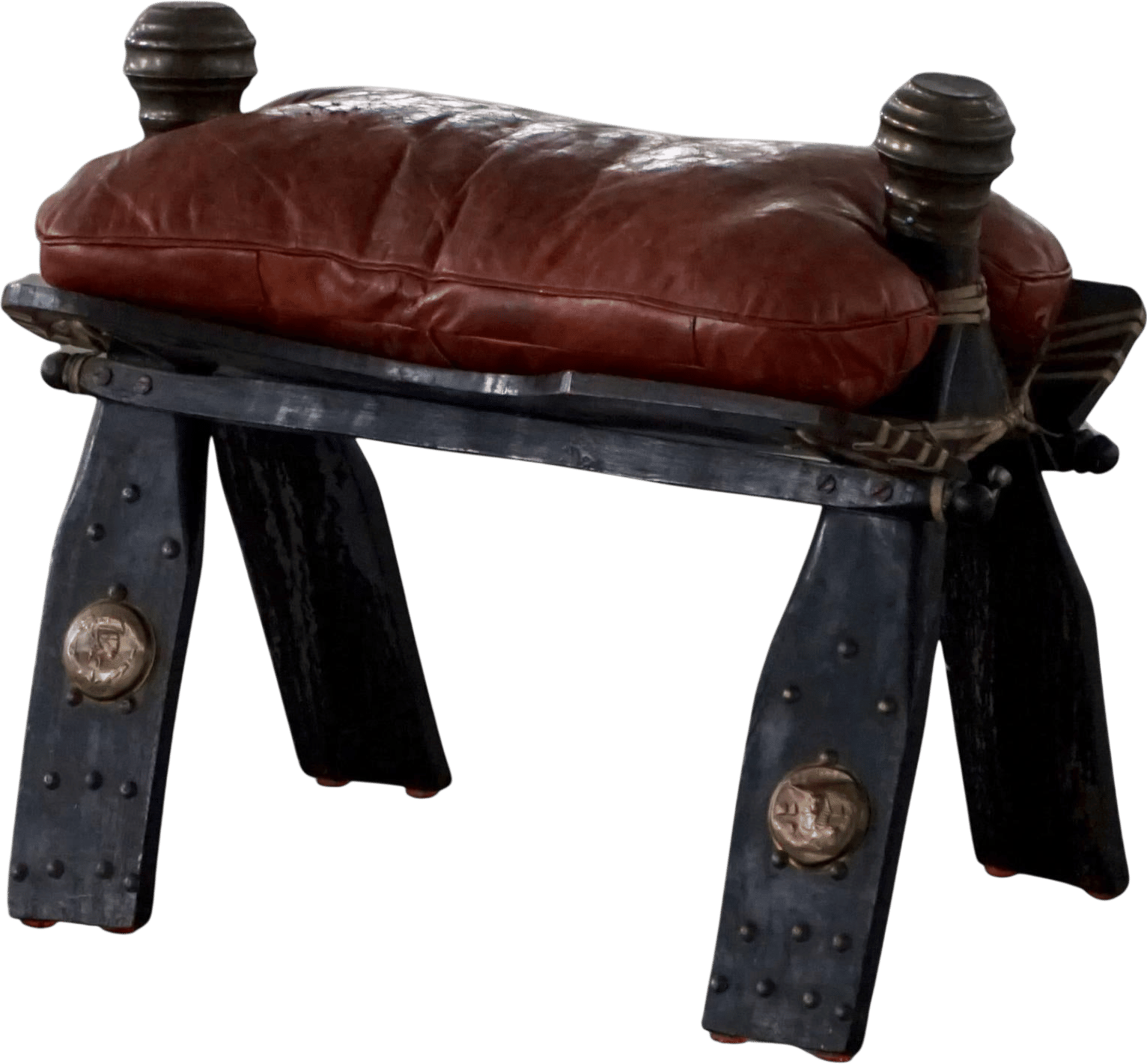 Dark Red Upholstered Moroccan Camel Saddle Footstool, 20th Century, North Africa