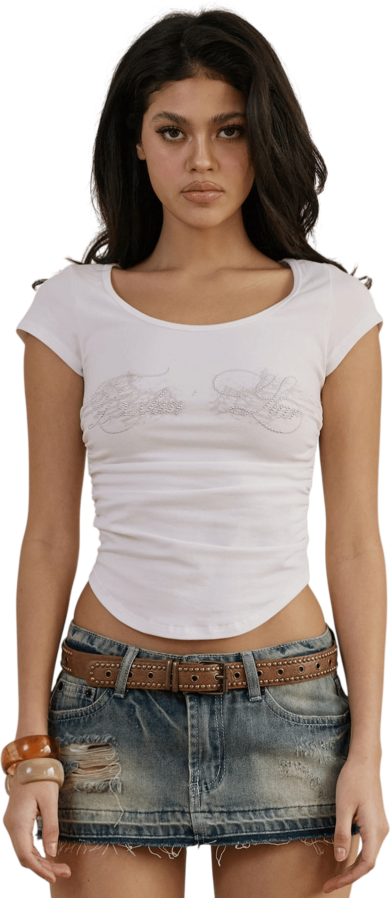 EYEER Hotfix Logo Shirring Short Sleeve Top - White