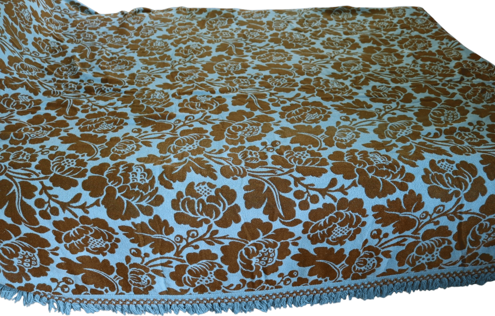 60s/70s Turquoise and Brown Floral Bedspread by Morgan Jones - Groovy Aqua and Brown Fringed Bedspread for your boho 60s/70s bedroom decor