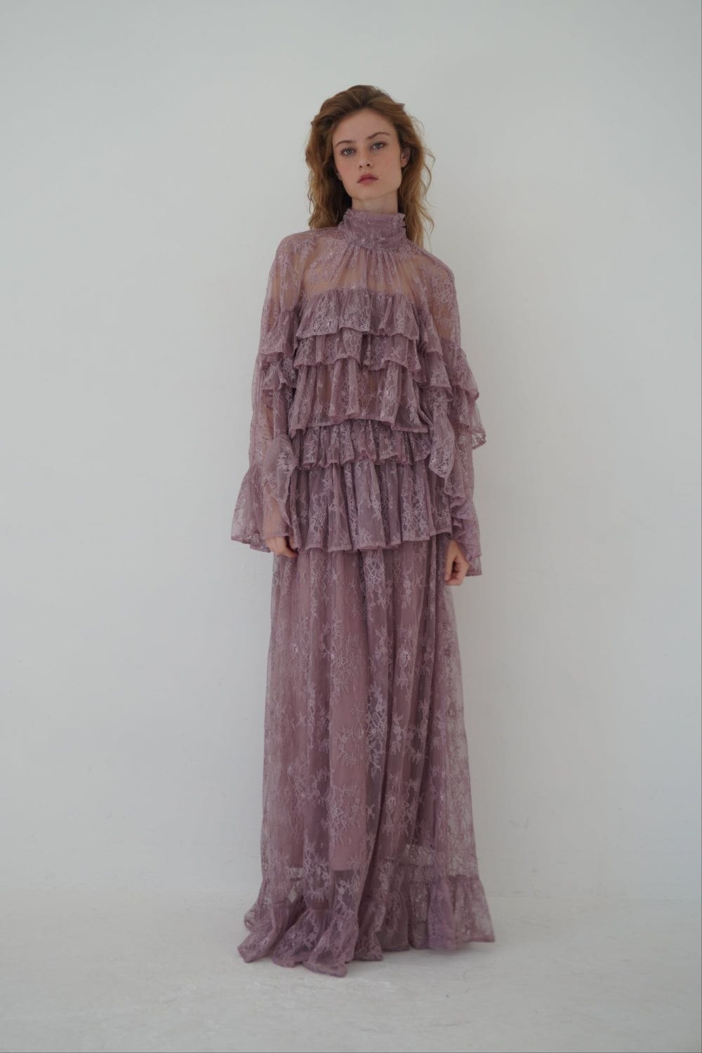 Wisteria Mauve Lace High-Neck Top & Maxi Skirt Set