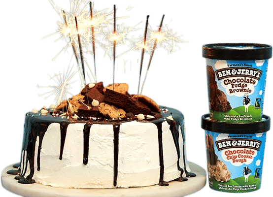 two pints of ben and jerry’s ice cream, sprinkles, chocolate syrup, whipped cream.