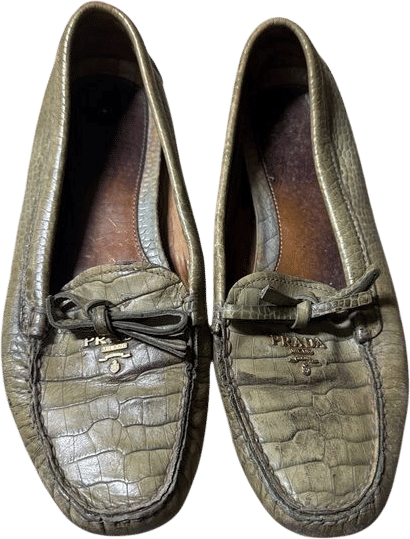 Prada Olive Green Croc-Embossed Leather Loafers