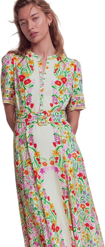 Kate Puff Sleeve Belted Dress-Ivory, Elegant Garden