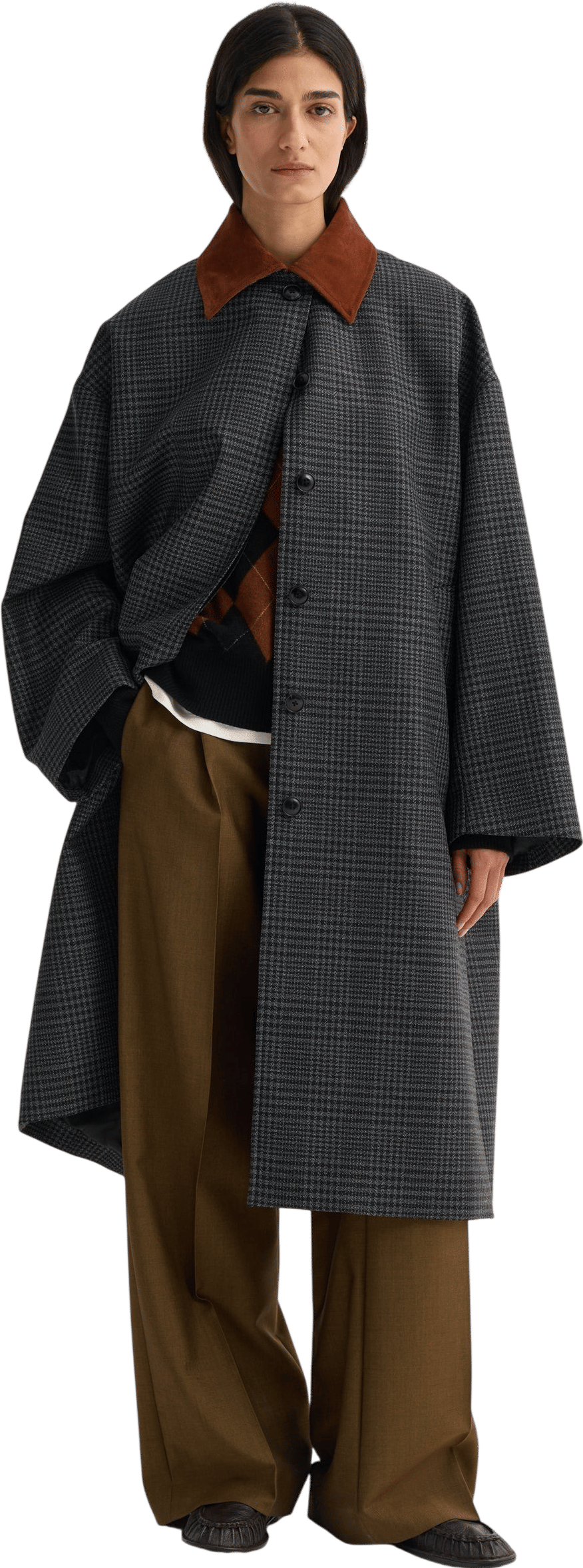 suede collar check coat | black / grey check