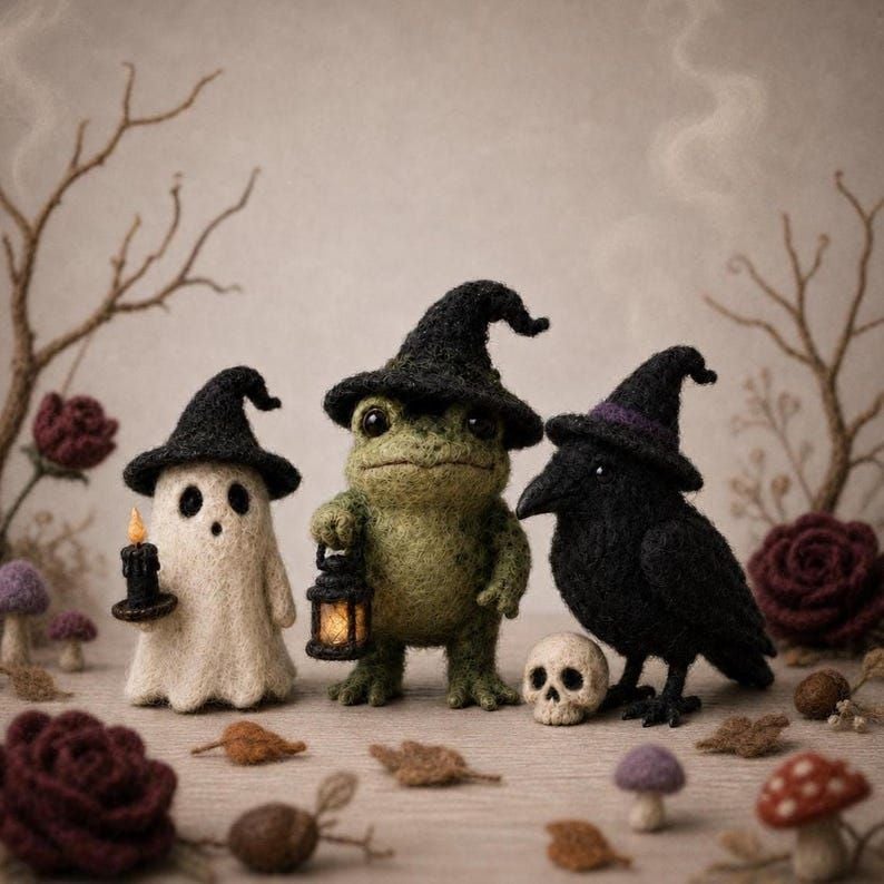Needle Felt Witch Frog, Ghost, Crow Figurine Set